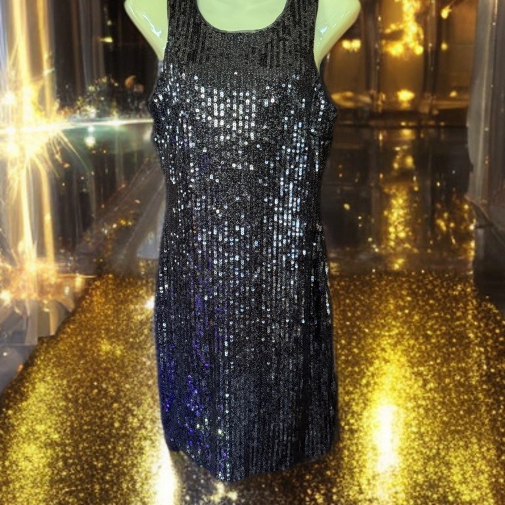 Bisou Bisou Black Sequined Sheath Mini Dress Sleeveless Scoop Neck Mesh Back 8